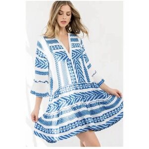 THML Tunic Dress S White Blue Geometric Tiered Ruffle Sleeve NWT